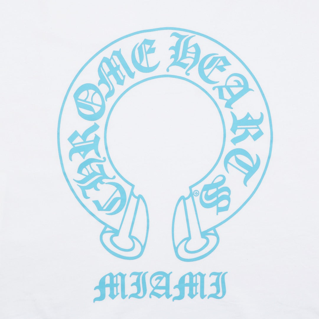 Chrome Hearts Miami Horseshoe Crest Floral Scroll Long Sleeve Tee — White Teal