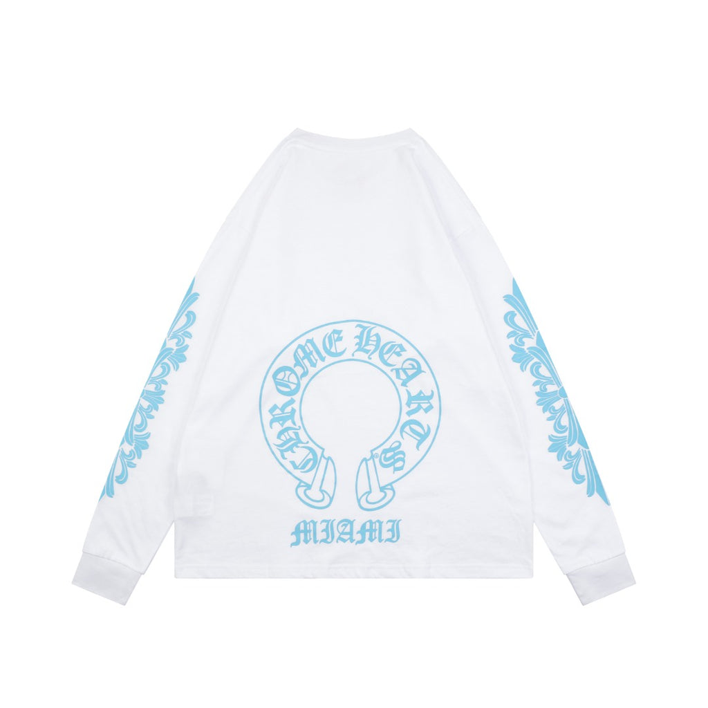 Chrome Hearts Miami Horseshoe Crest Floral Scroll Long Sleeve Tee — White Teal