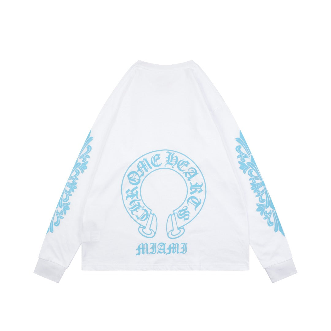 Chrome Hearts Miami Horseshoe Crest Floral Scroll Long Sleeve Tee — White Teal