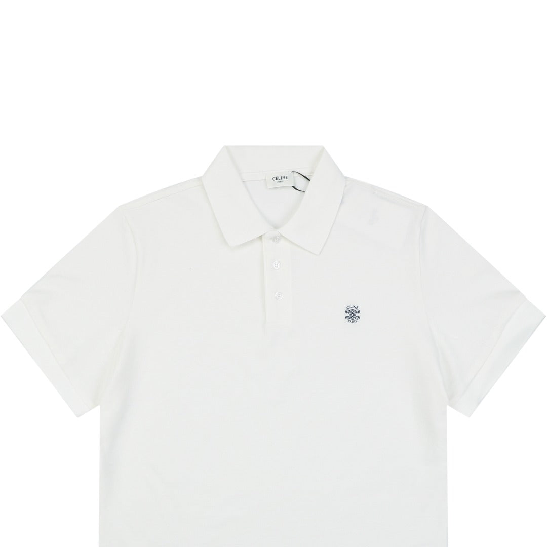 Celine Arc de Triomphe Embroidered Polo Short Sleeve — White