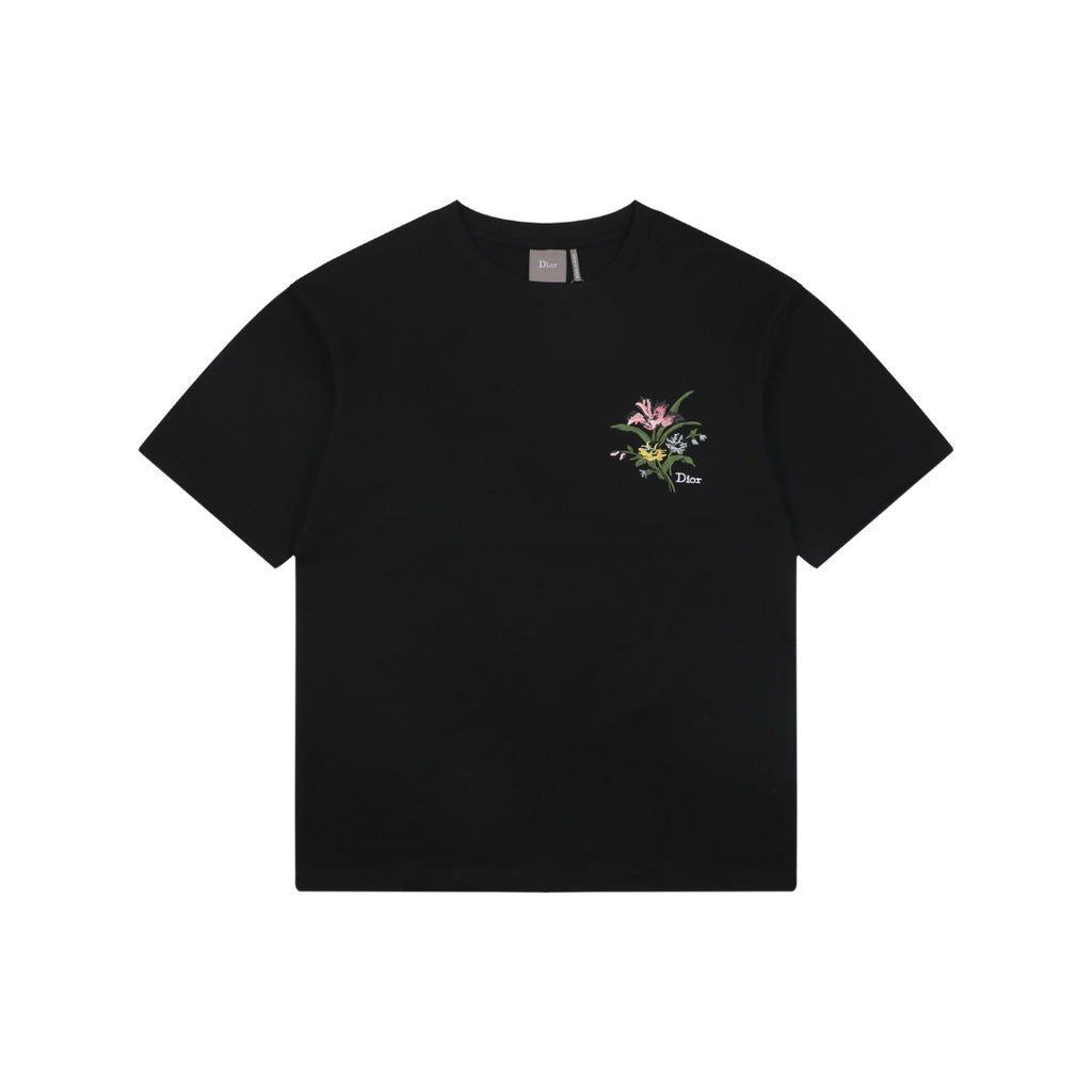 Dior Floral Bouquet Dio Embroidered Short Sleeve Tee — Black