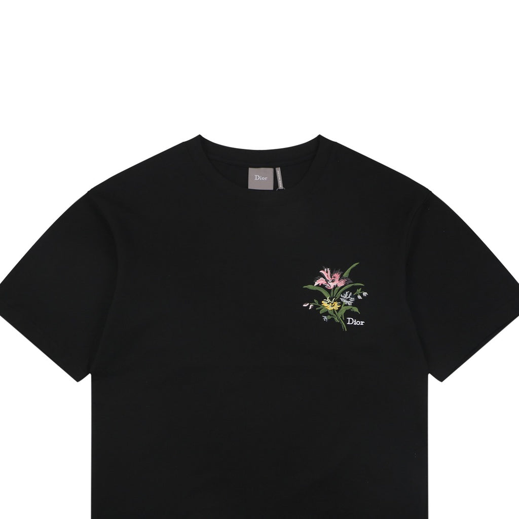 Dior Floral Bouquet Dio Embroidered Short Sleeve Tee — Black