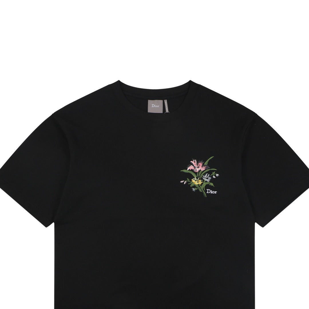 Dior Floral Bouquet Dio Embroidered Short Sleeve Tee — Black