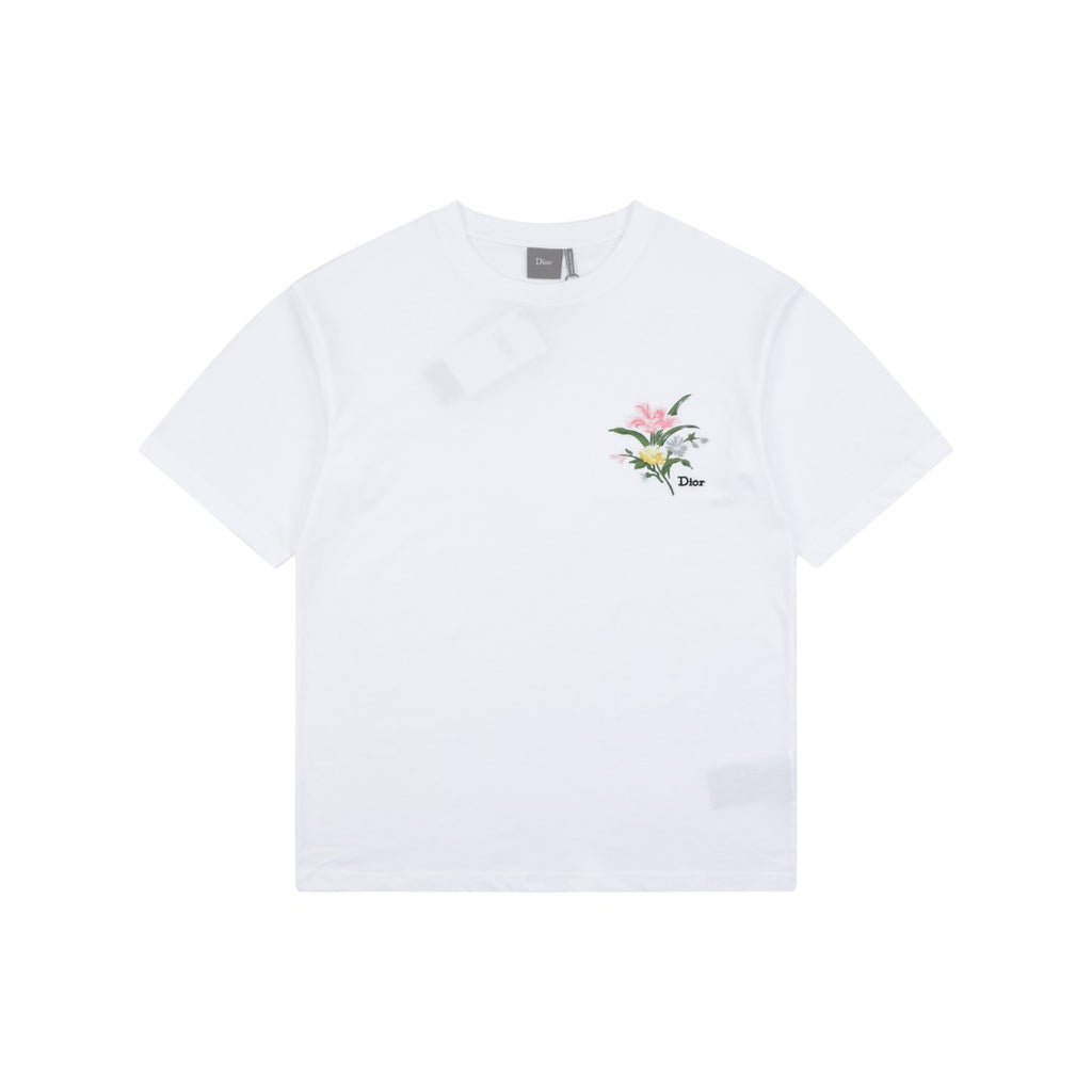 Dior Floral Bouquet Dio Embroidered Short Sleeve Tee — White