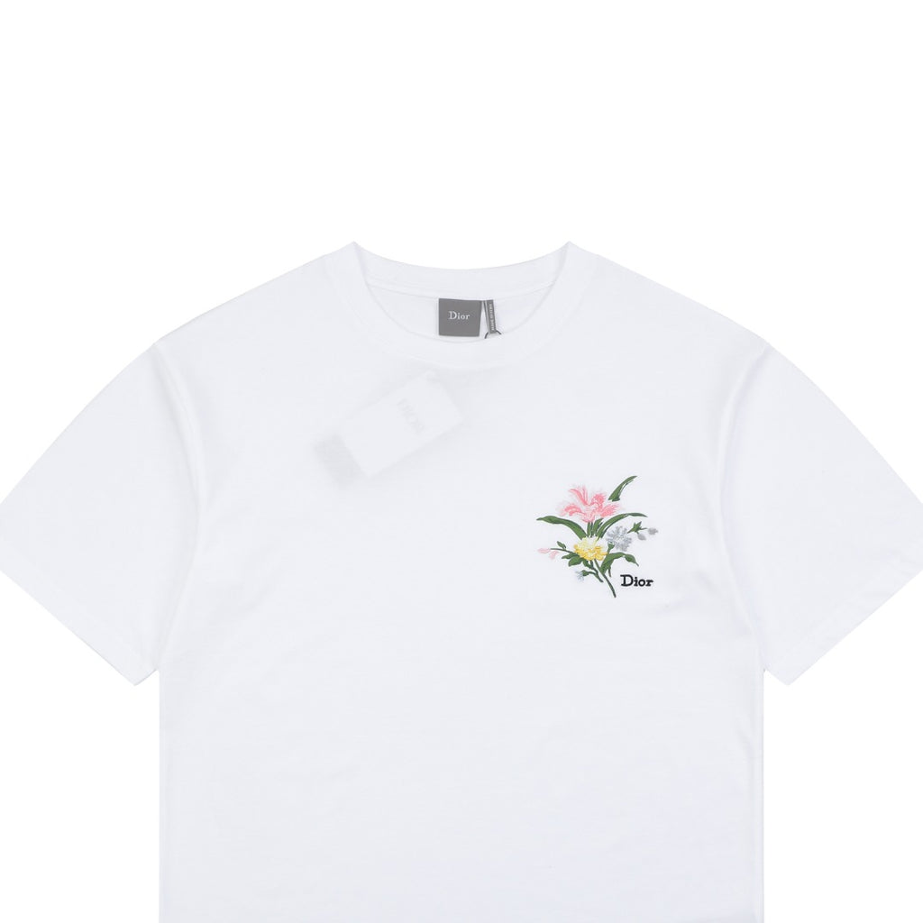 Dior Floral Bouquet Dio Embroidered Short Sleeve Tee — White