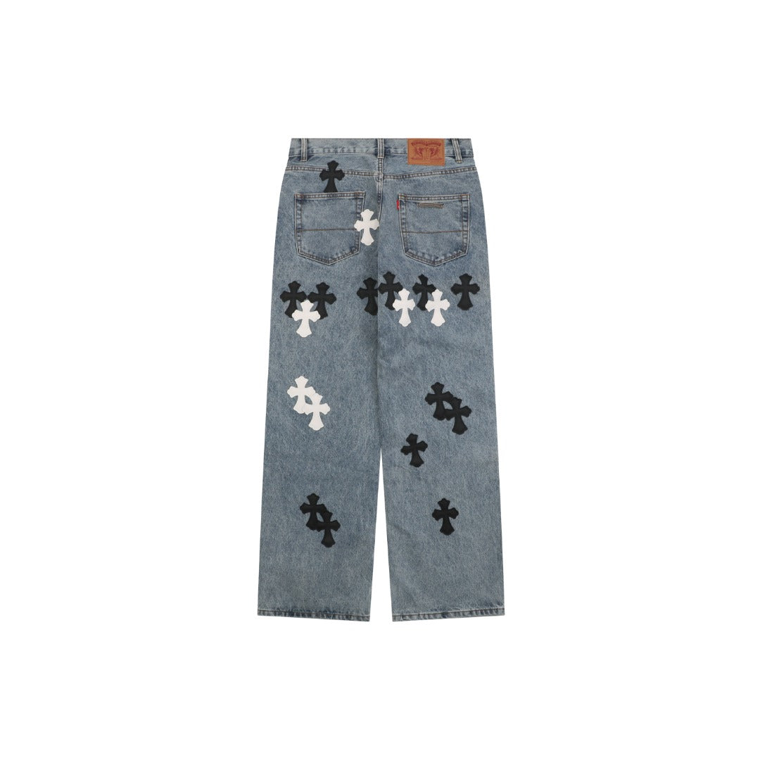 Chrome Hearts Black & White Cross Leather Patch Denim Jeans — Vintage Blue