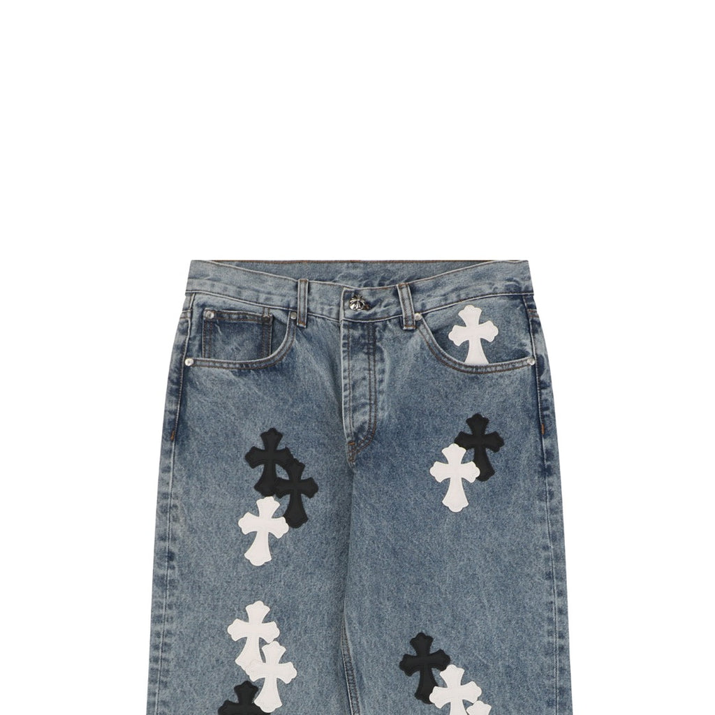 Chrome Hearts Black & White Cross Leather Patch Denim Jeans — Vintage Blue