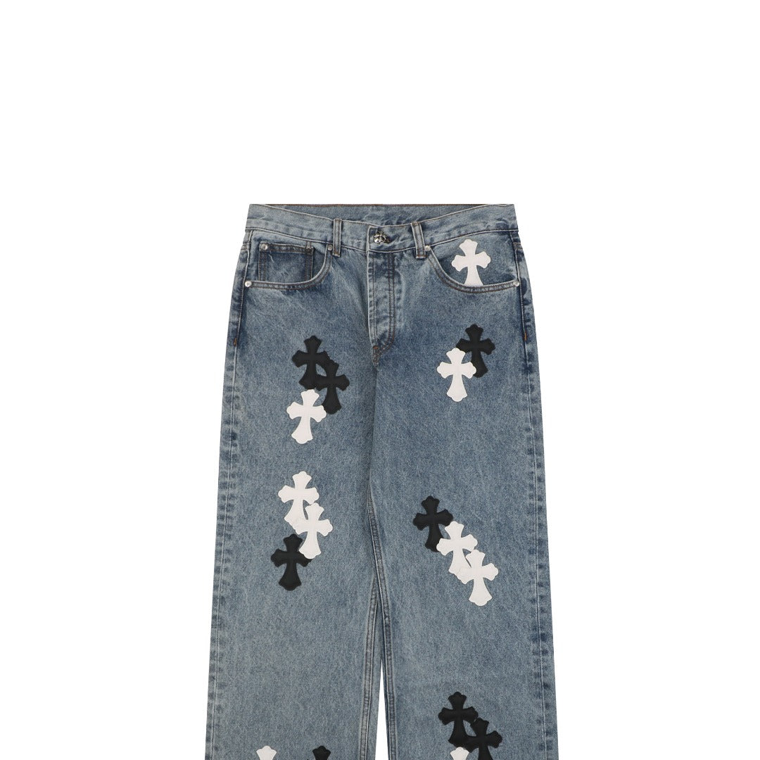 Chrome Hearts Black & White Cross Leather Patch Denim Jeans — Vintage Blue