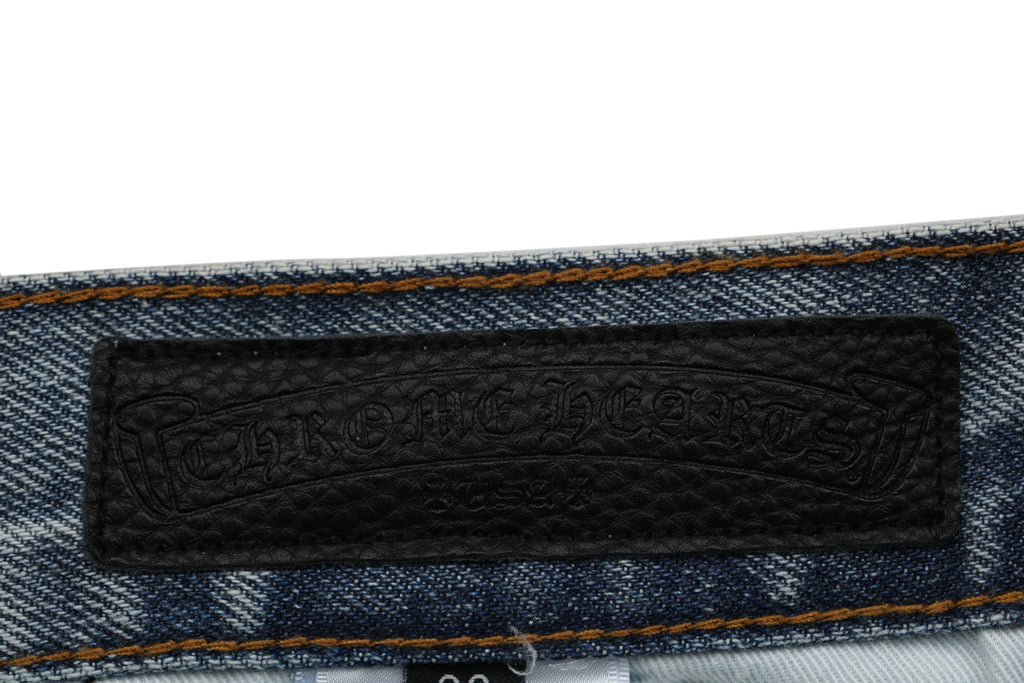 Chrome Hearts Black & White Cross Leather Patch Denim Jeans — Vintage Blue