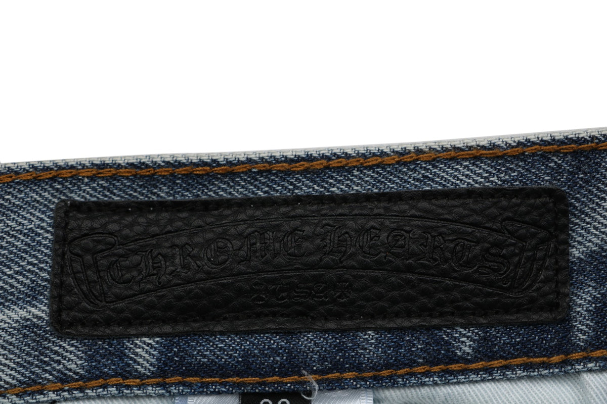 Chrome Hearts Black & White Cross Leather Patch Denim Jeans — Vintage Blue