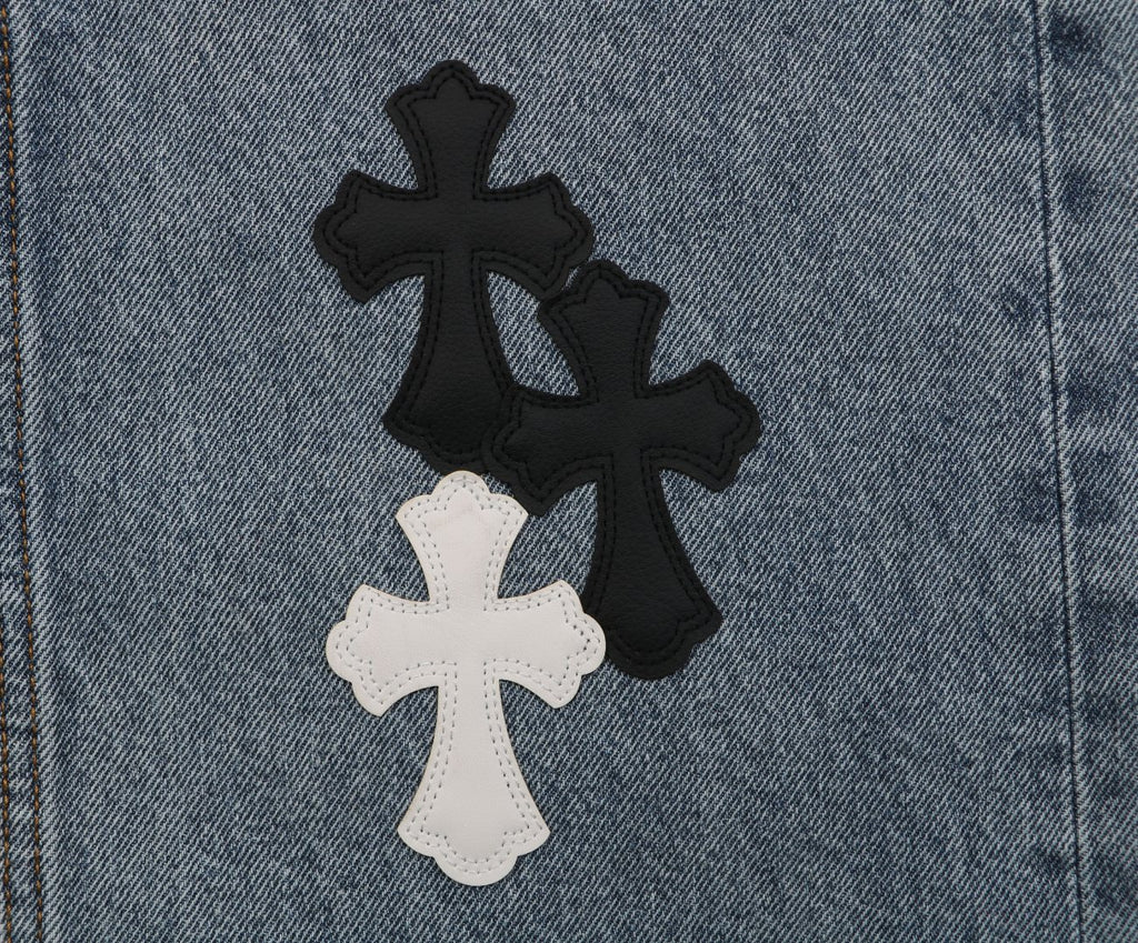 Chrome Hearts Black & White Cross Leather Patch Denim Jeans — Vintage Blue