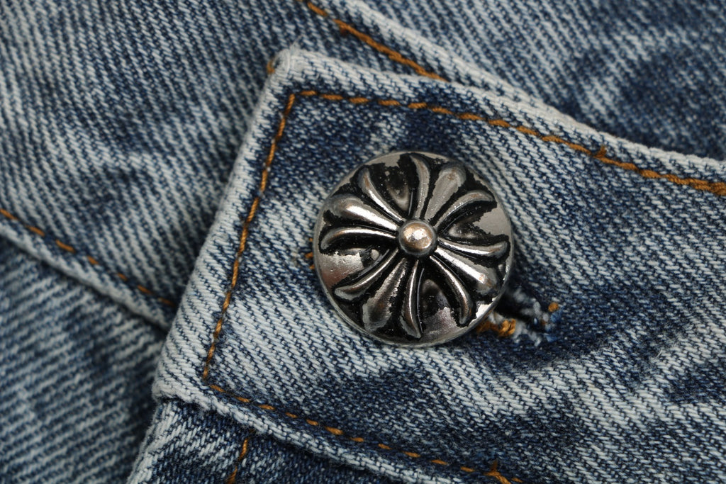 Chrome Hearts Black & White Cross Leather Patch Denim Jeans — Vintage Blue