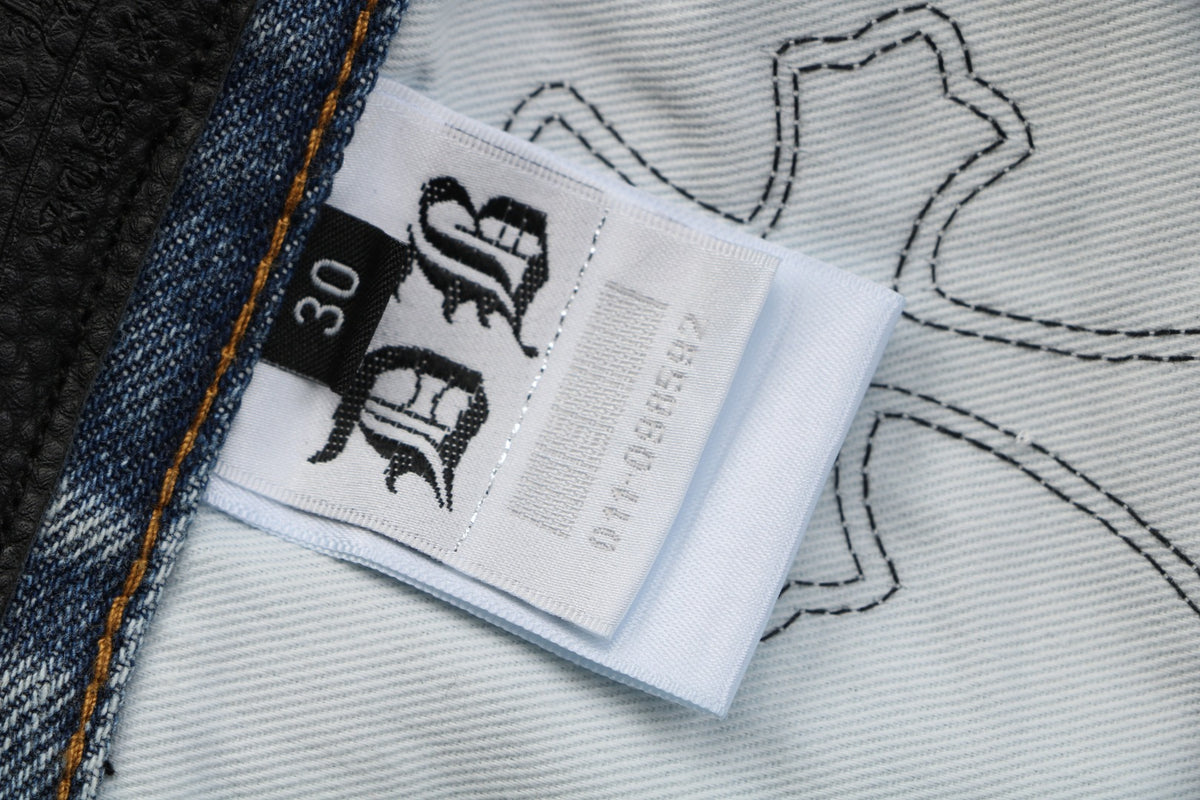 Chrome Hearts Black & White Cross Leather Patch Denim Jeans — Vintage Blue