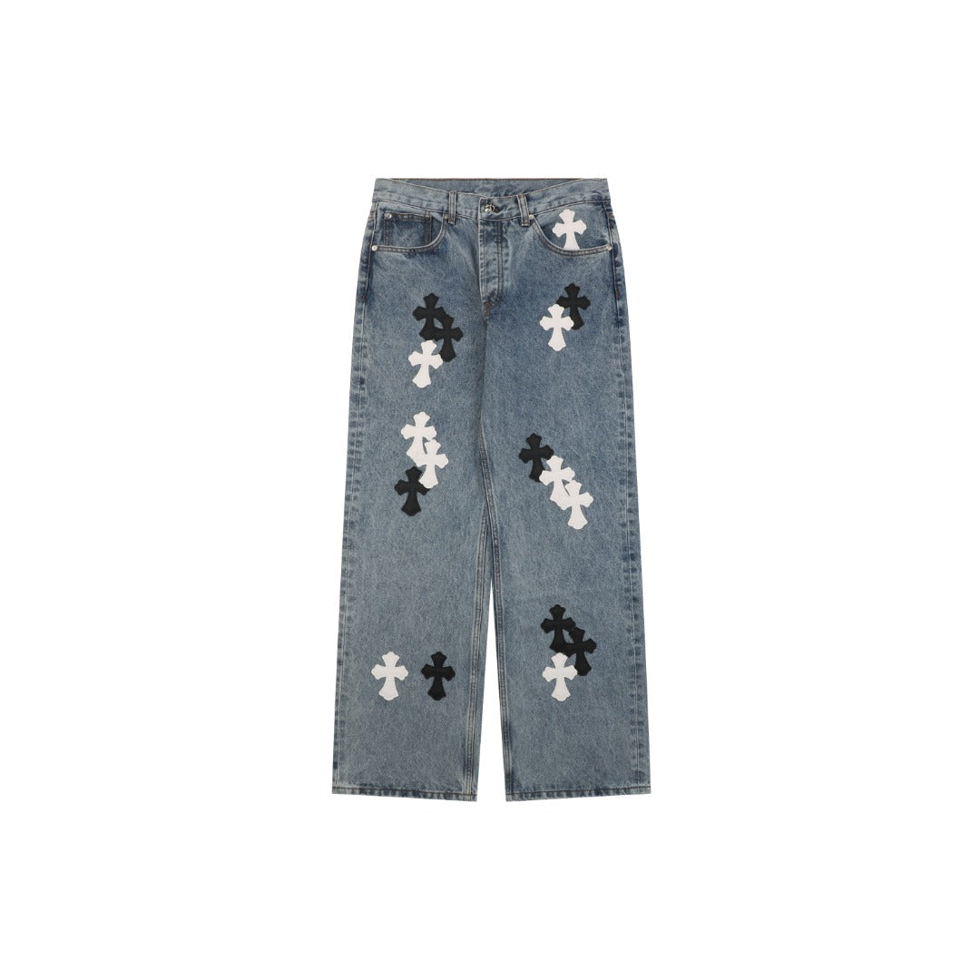 Chrome Hearts Black & White Cross Leather Patch Denim Jeans — Vintage Blue