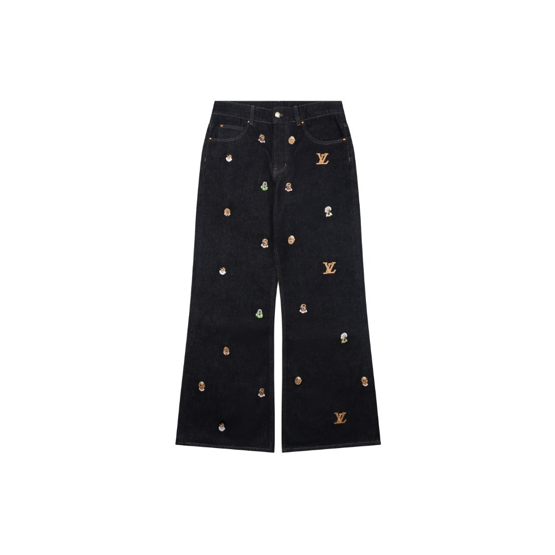 Louis Vuitton Monogram Mini Portrait Embroidered Wide-Leg Denim Jeans — Black
