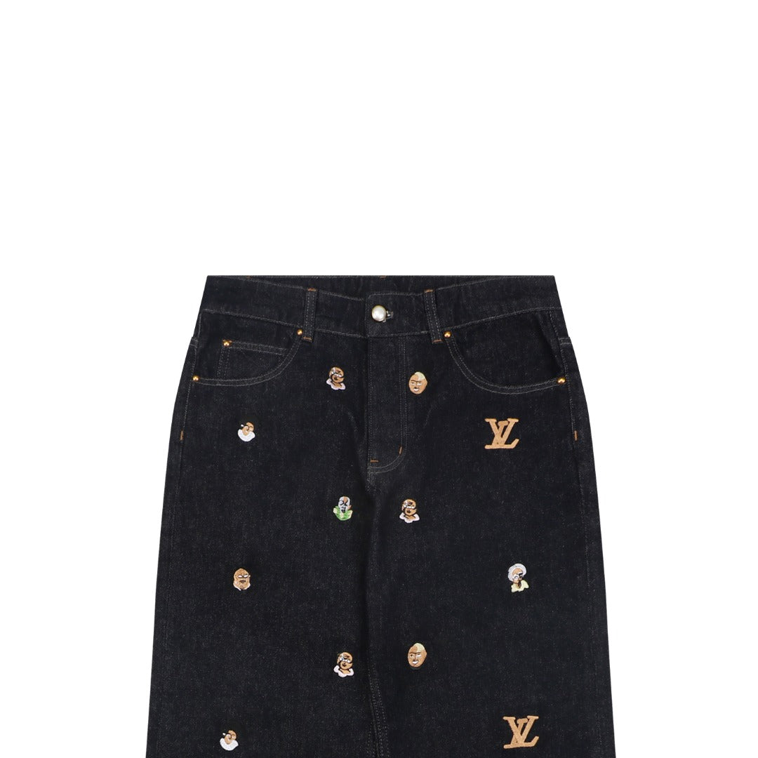 Louis Vuitton Monogram Mini Portrait Embroidered Wide-Leg Denim Jeans — Black