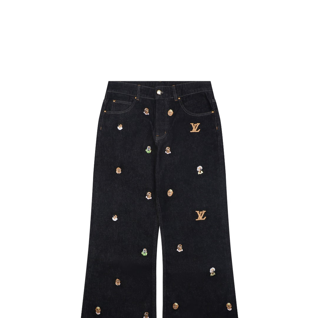 Louis Vuitton Monogram Mini Portrait Embroidered Wide-Leg Denim Jeans — Black