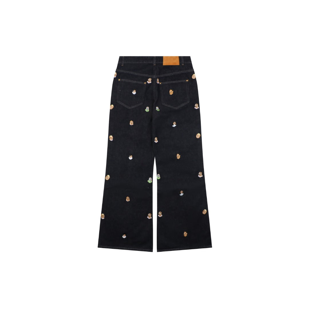 Louis Vuitton Monogram Mini Portrait Embroidered Wide-Leg Denim Jeans — Black