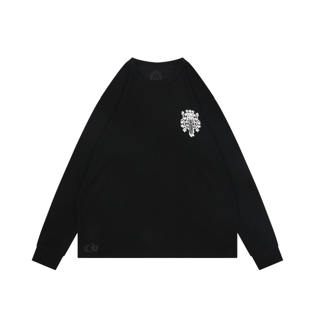 Chrome Hearts Waffle-Knit Vine Sword Crest Print Long Sleeve — Black