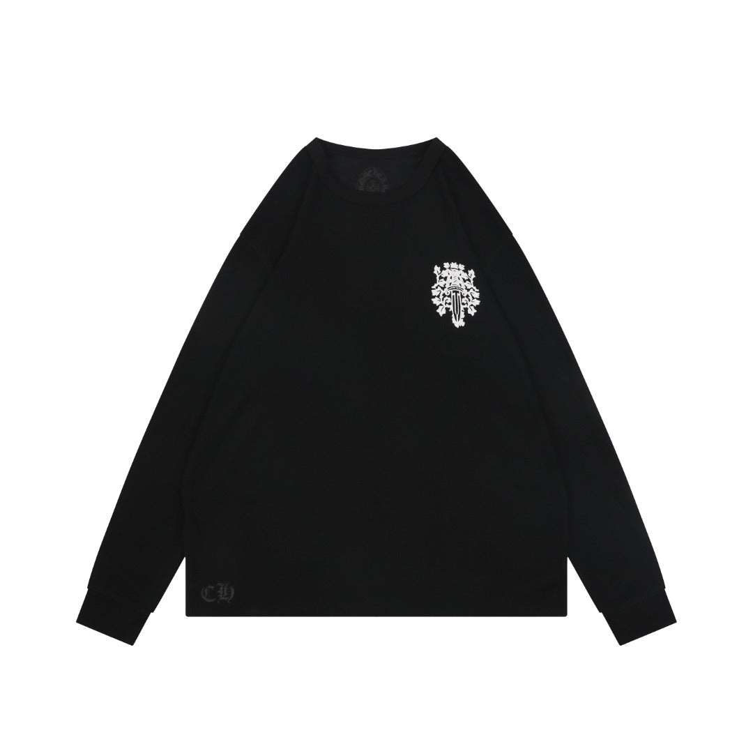 Chrome Hearts Waffle-Knit Vine Sword Crest Print Long Sleeve — Black