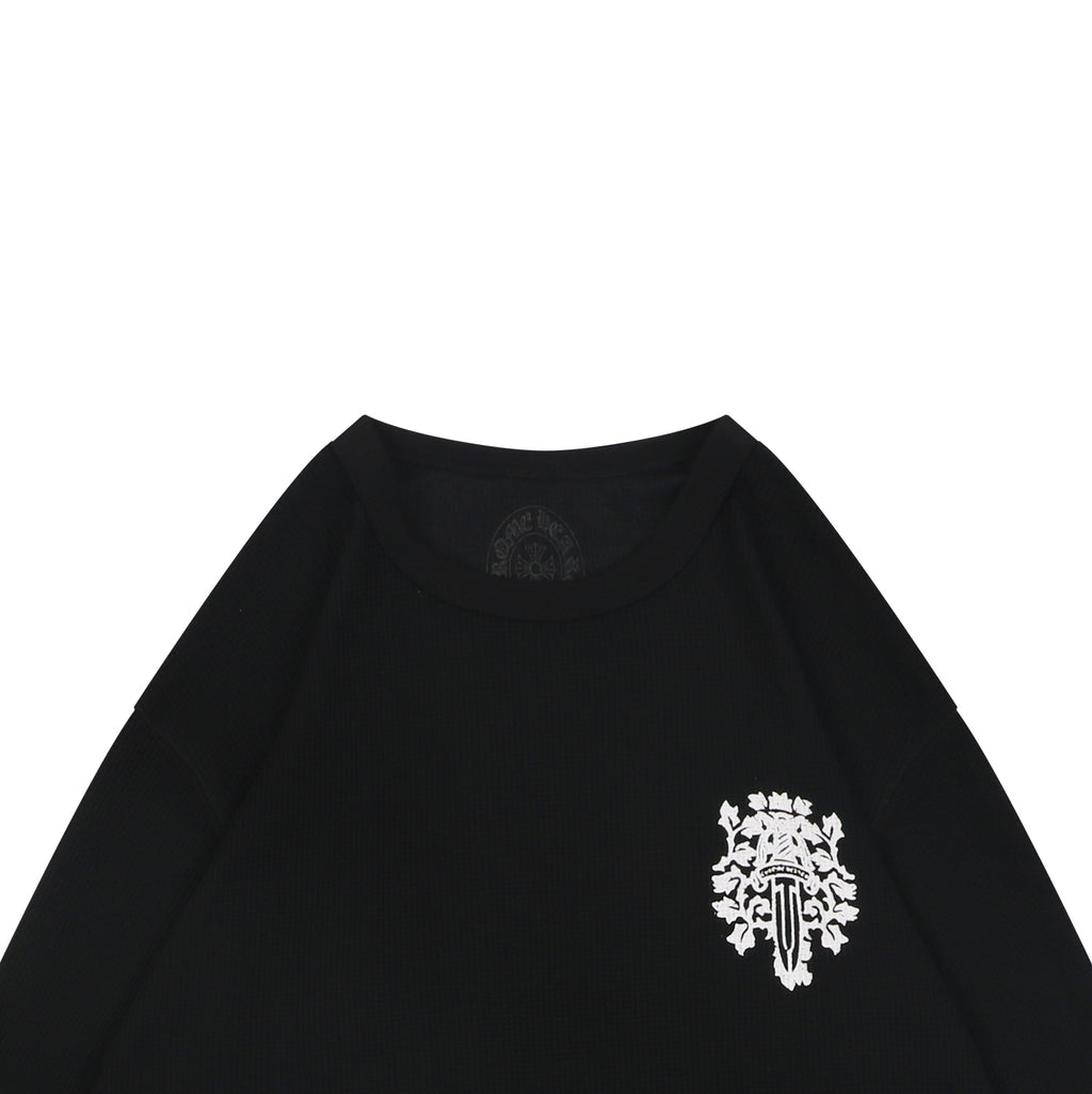 Chrome Hearts Waffle-Knit Vine Sword Crest Print Long Sleeve — Black