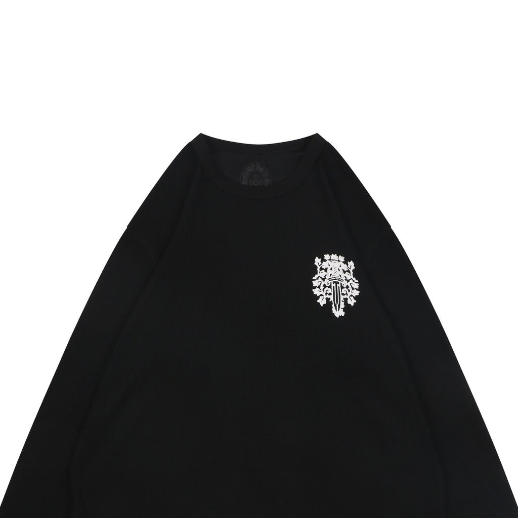 Chrome Hearts Waffle-Knit Vine Sword Crest Print Long Sleeve — Black