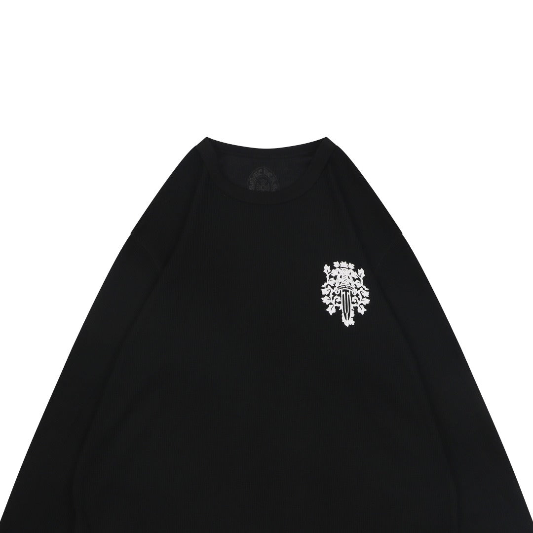 Chrome Hearts Waffle-Knit Vine Sword Crest Print Long Sleeve — Black