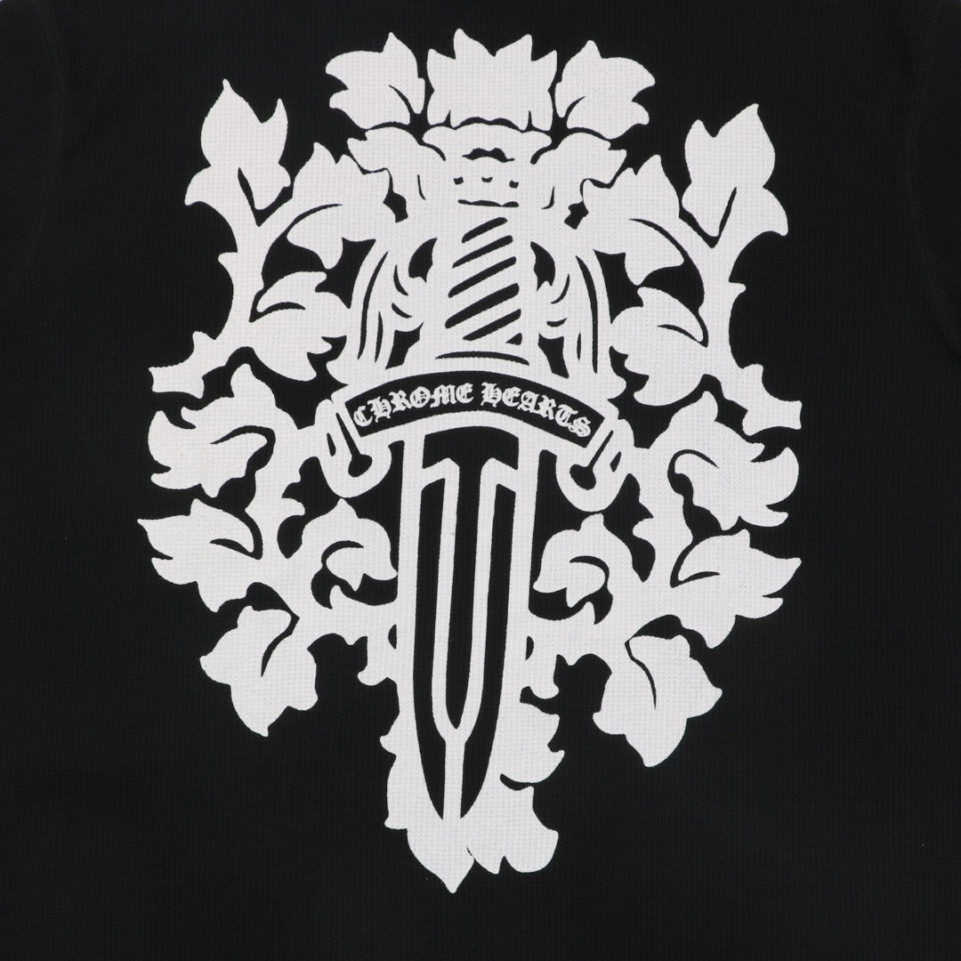 Chrome Hearts Waffle-Knit Vine Sword Crest Print Long Sleeve — Black
