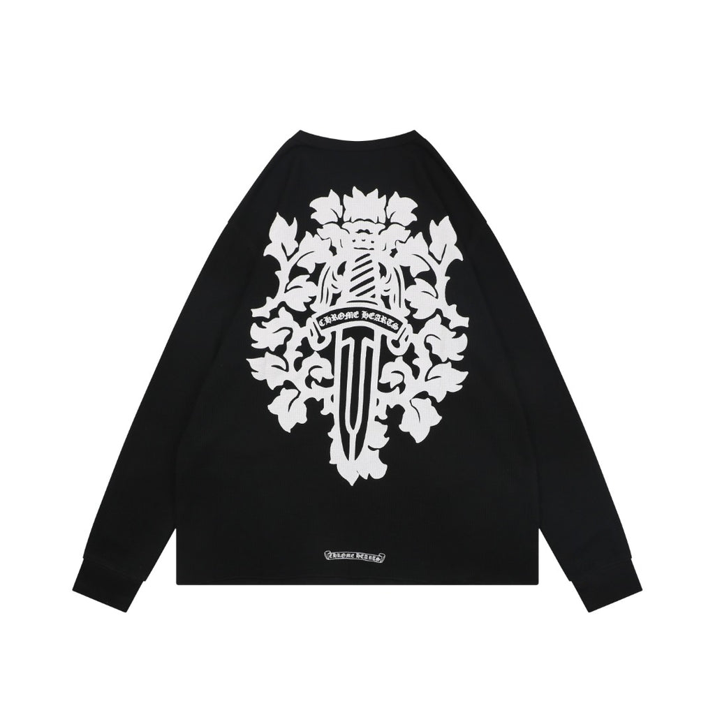 Chrome Hearts Waffle-Knit Vine Sword Crest Print Long Sleeve — Black