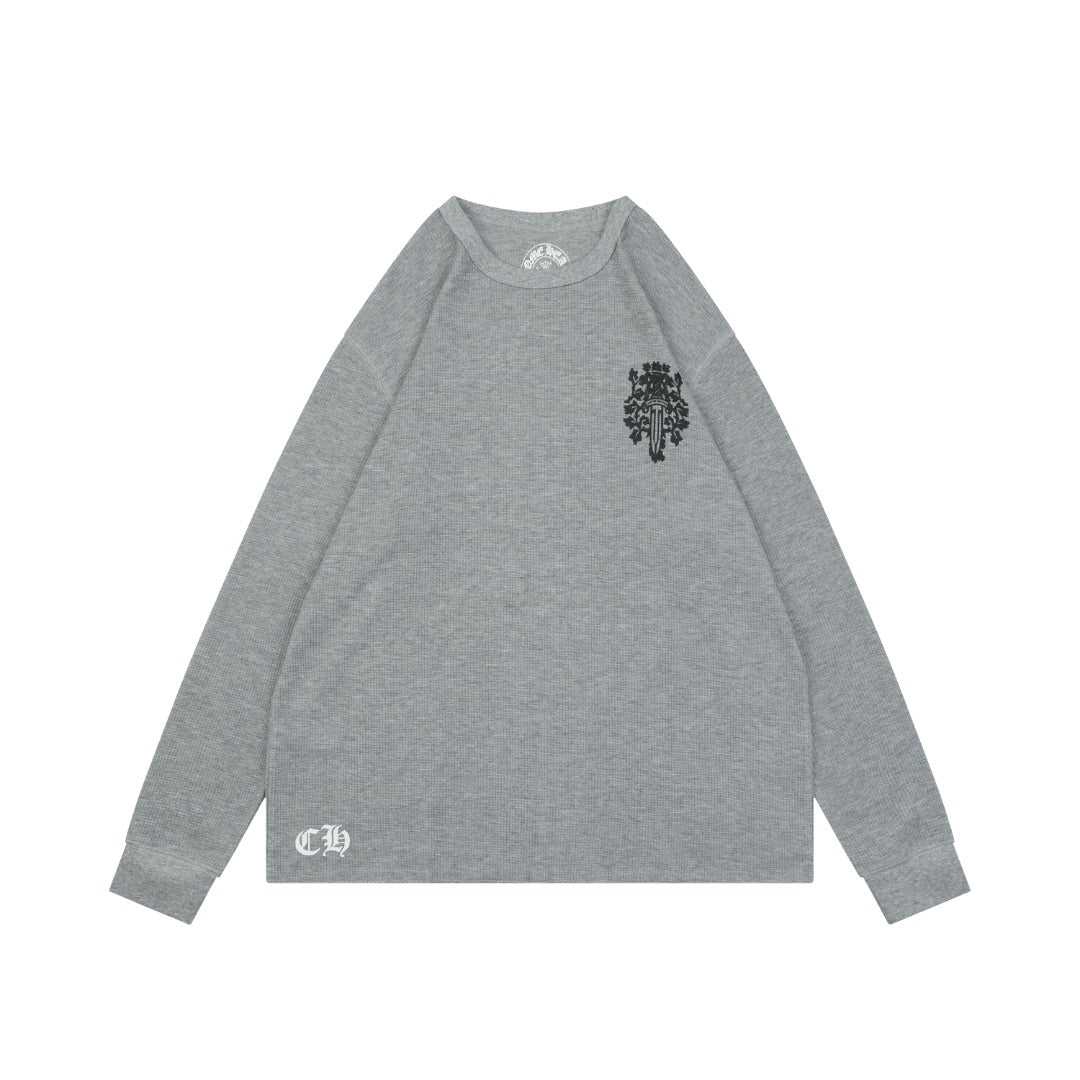 Chrome Hearts Waffle-Knit Vine Sword Crest Print Long Sleeve — Grey