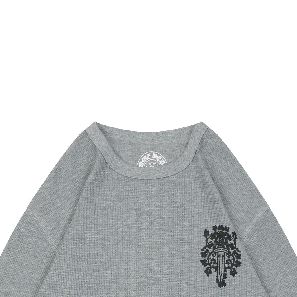 Chrome Hearts Waffle-Knit Vine Sword Crest Print Long Sleeve — Grey