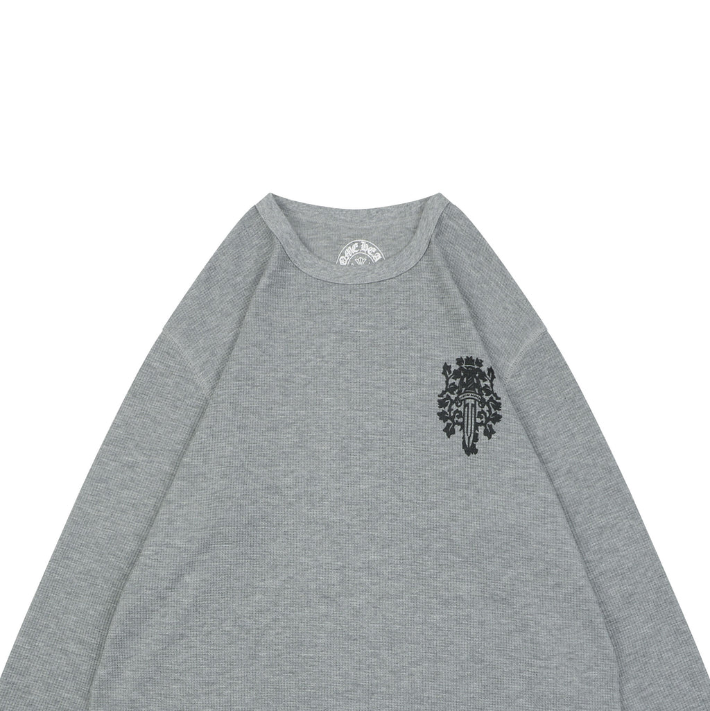 Chrome Hearts Waffle-Knit Vine Sword Crest Print Long Sleeve — Grey