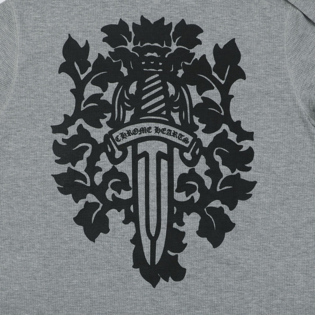Chrome Hearts Waffle-Knit Vine Sword Crest Print Long Sleeve — Grey