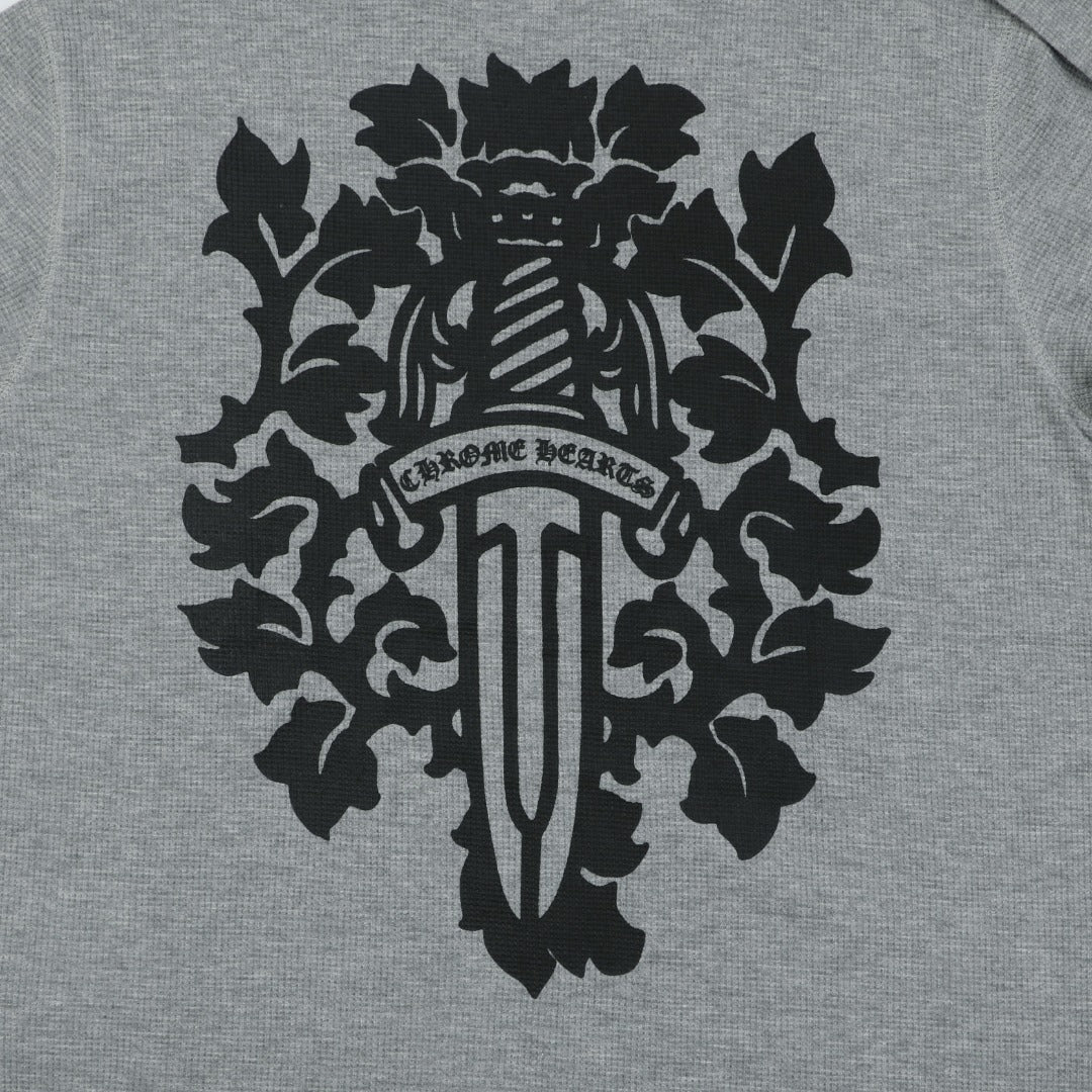 Chrome Hearts Waffle-Knit Vine Sword Crest Print Long Sleeve — Grey