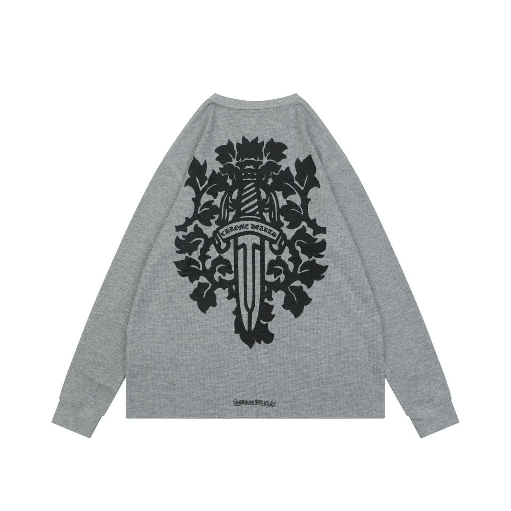 Chrome Hearts Waffle-Knit Vine Sword Crest Print Long Sleeve — Grey