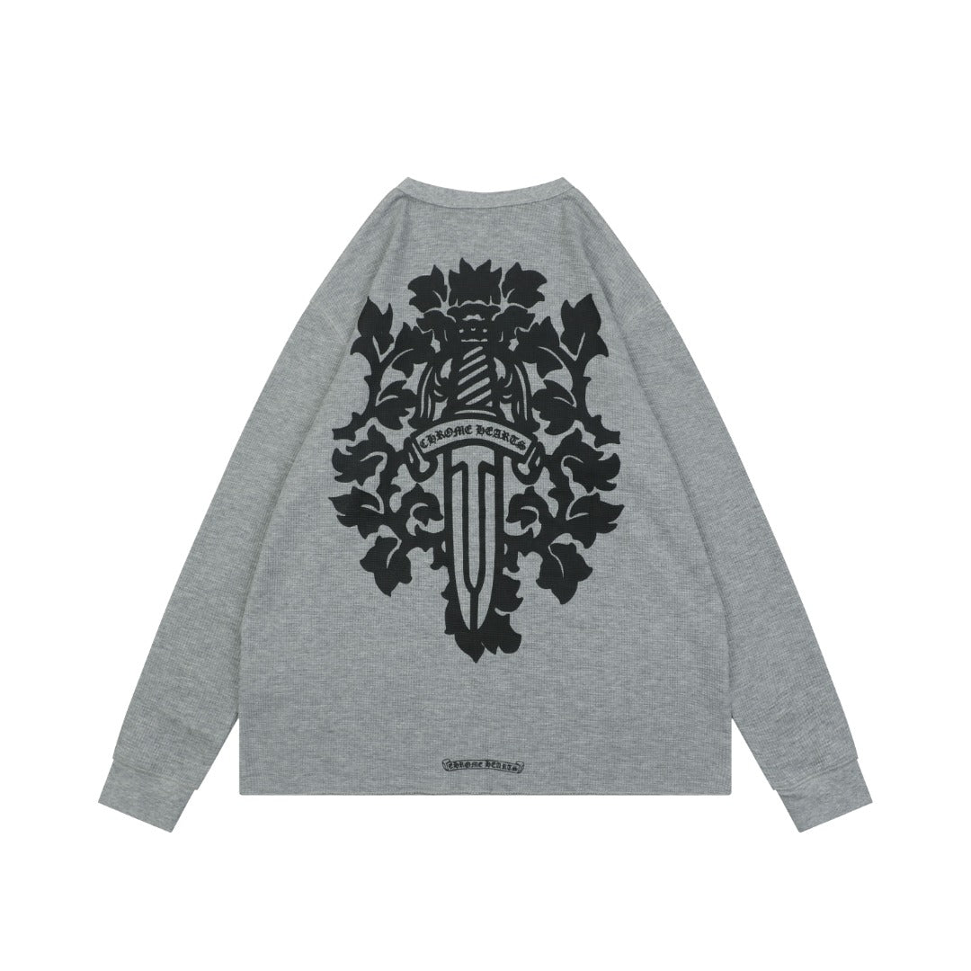 Chrome Hearts Waffle-Knit Vine Sword Crest Print Long Sleeve — Grey