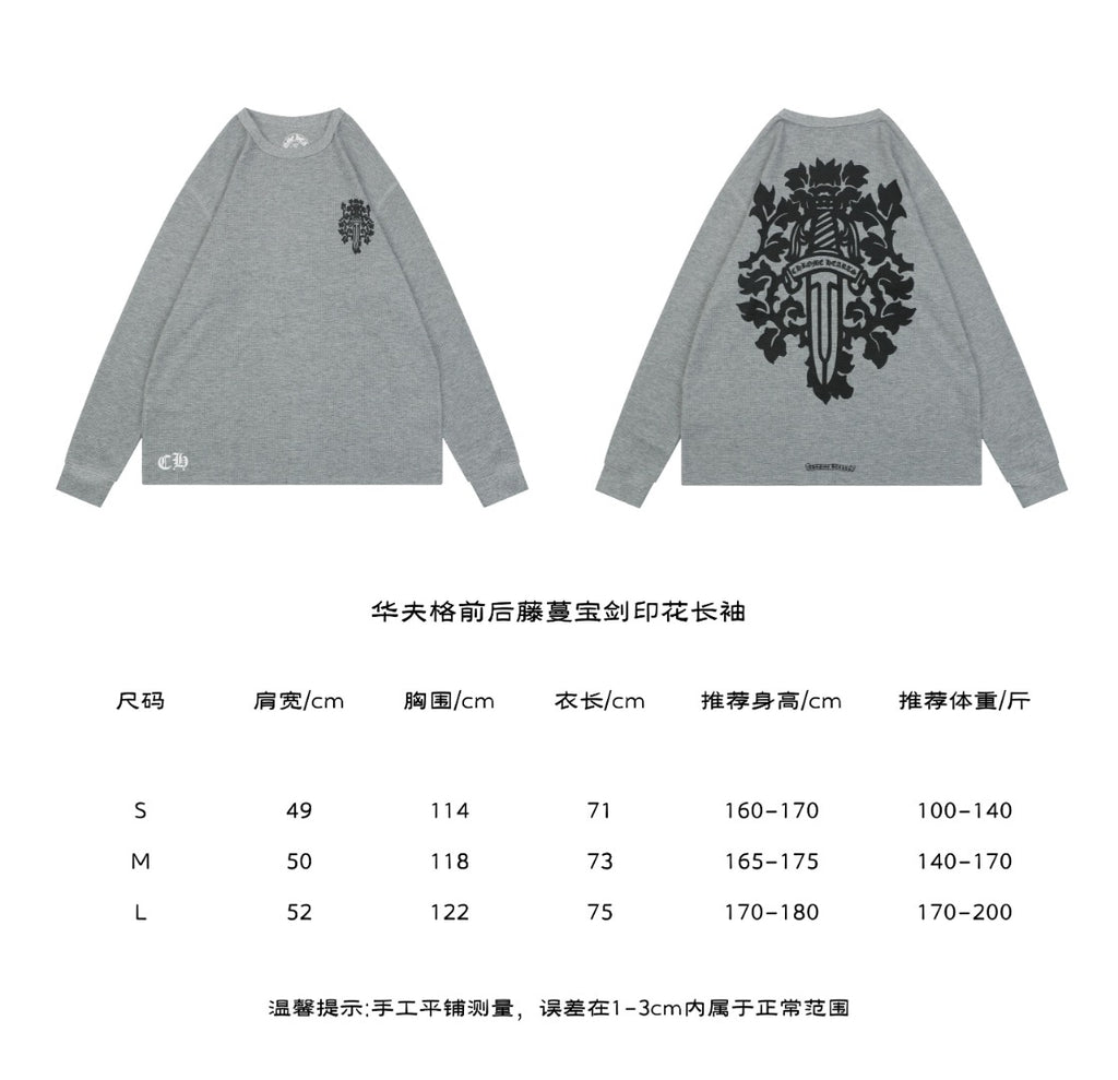 Chrome Hearts Waffle-Knit Vine Sword Crest Print Long Sleeve — Grey