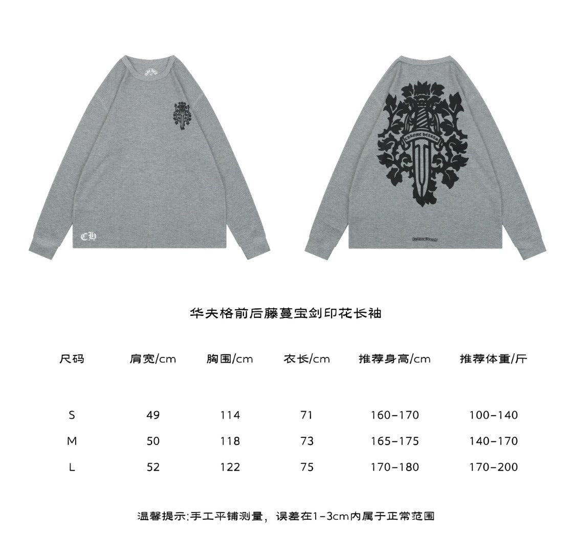 Chrome Hearts Waffle-Knit Vine Sword Crest Print Long Sleeve — Grey