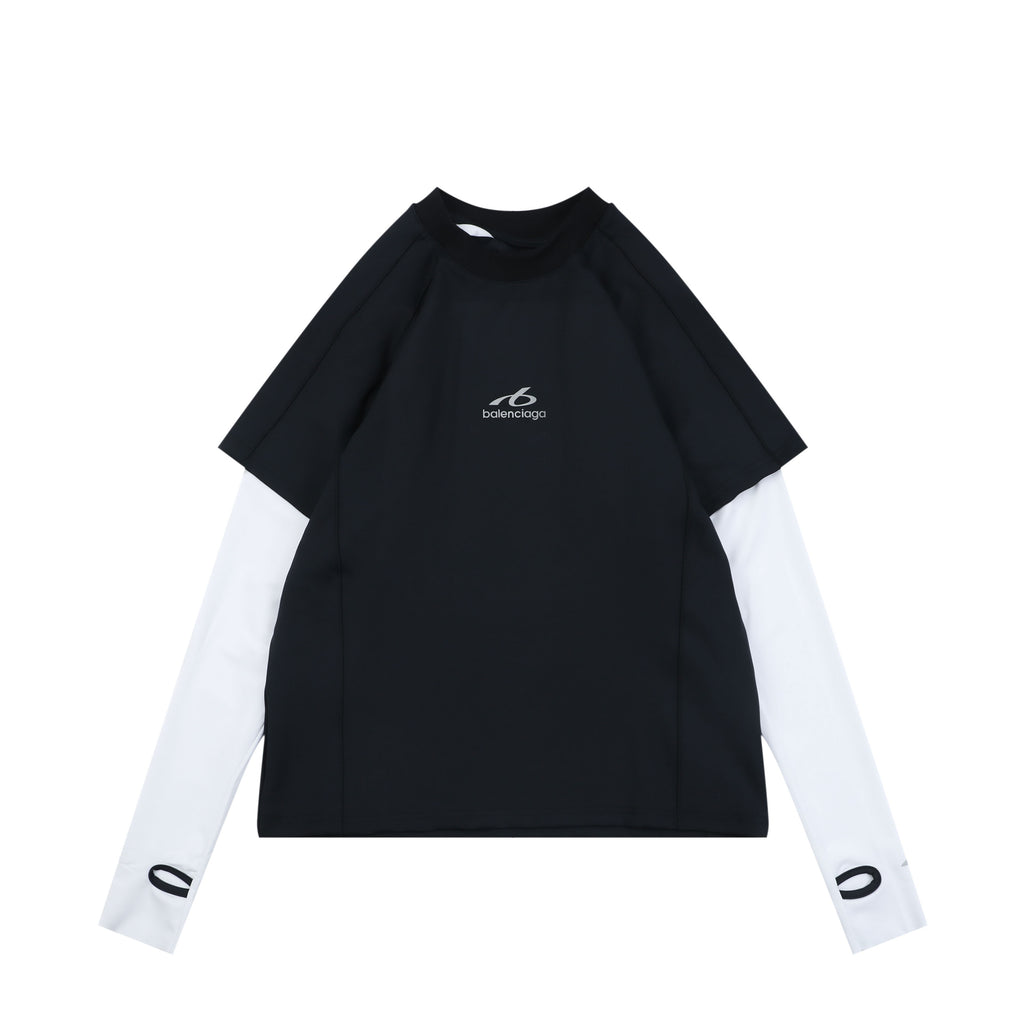 Balenciaga Reflective Ring Logo Dry-Fit Faux Two-Piece Long Sleeve — Black White