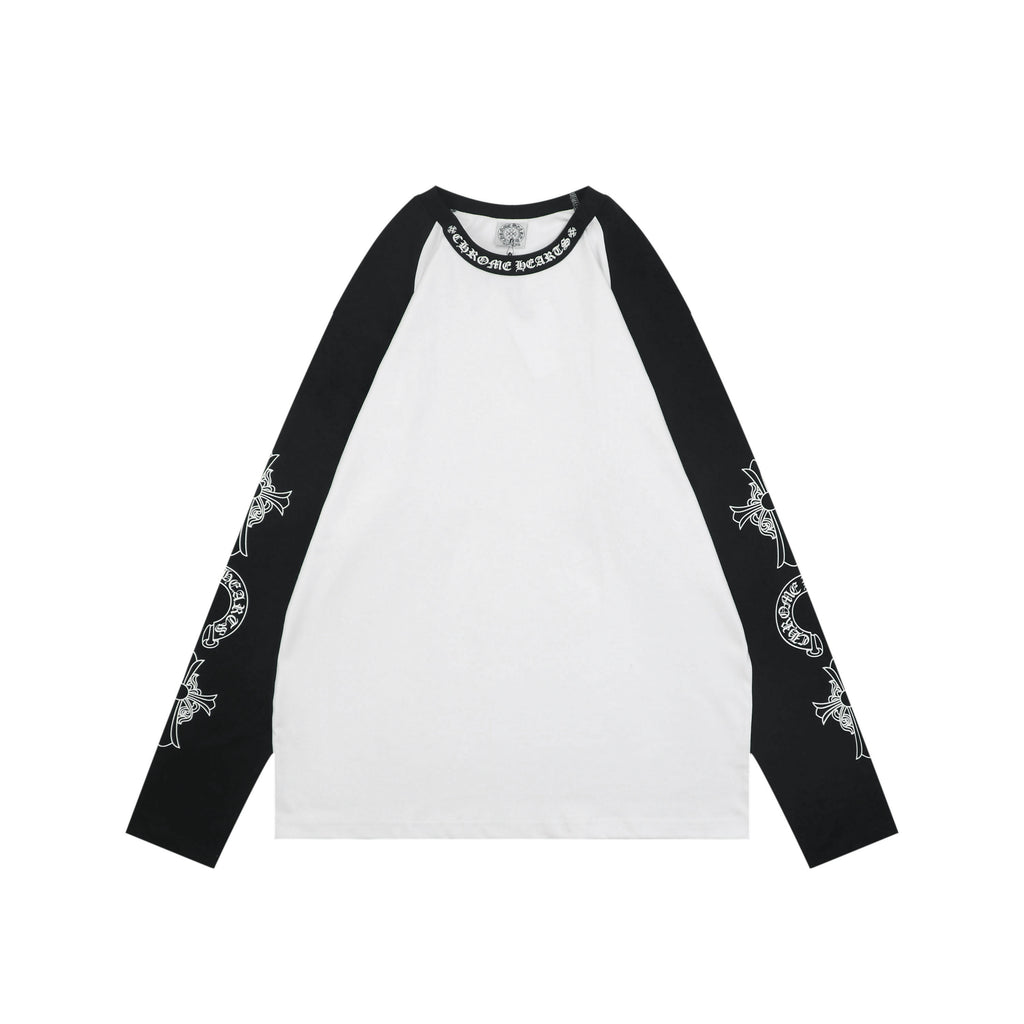 Chrome Hearts Sanskrit Collar Colorblock Raglan Long Sleeve Tee — White Black