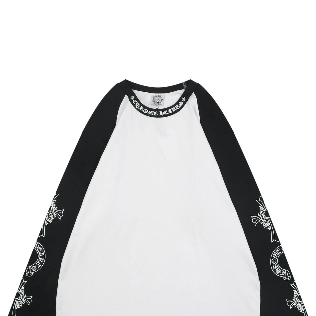 Chrome Hearts Sanskrit Collar Colorblock Raglan Long Sleeve Tee — White Black