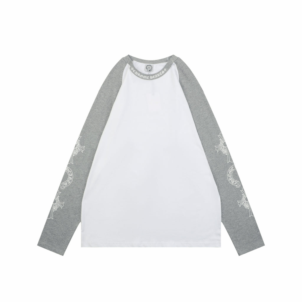 Chrome Hearts Sanskrit Collar Colorblock Raglan Long Sleeve Tee — White Grey