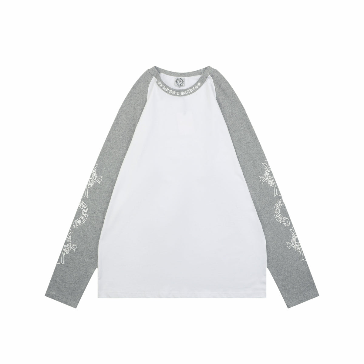 Chrome Hearts Sanskrit Collar Colorblock Raglan Long Sleeve Tee — White Grey