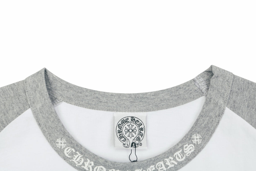 Chrome Hearts Sanskrit Collar Colorblock Raglan Long Sleeve Tee — White Grey