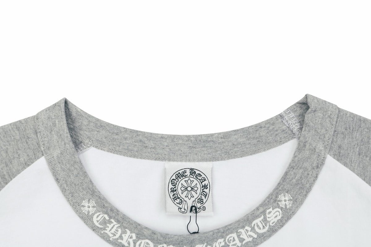 Chrome Hearts Sanskrit Collar Colorblock Raglan Long Sleeve Tee — White Grey