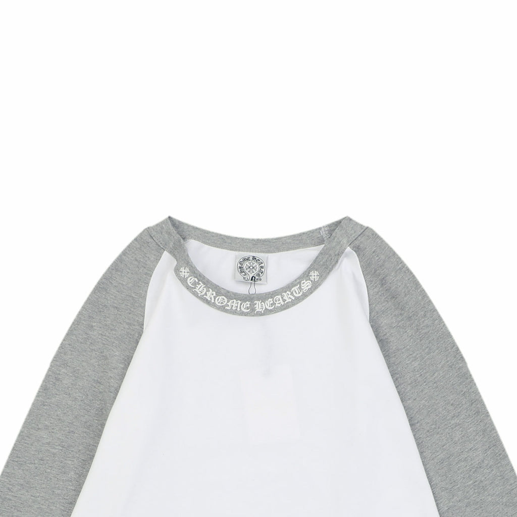 Chrome Hearts Sanskrit Collar Colorblock Raglan Long Sleeve Tee — White Grey