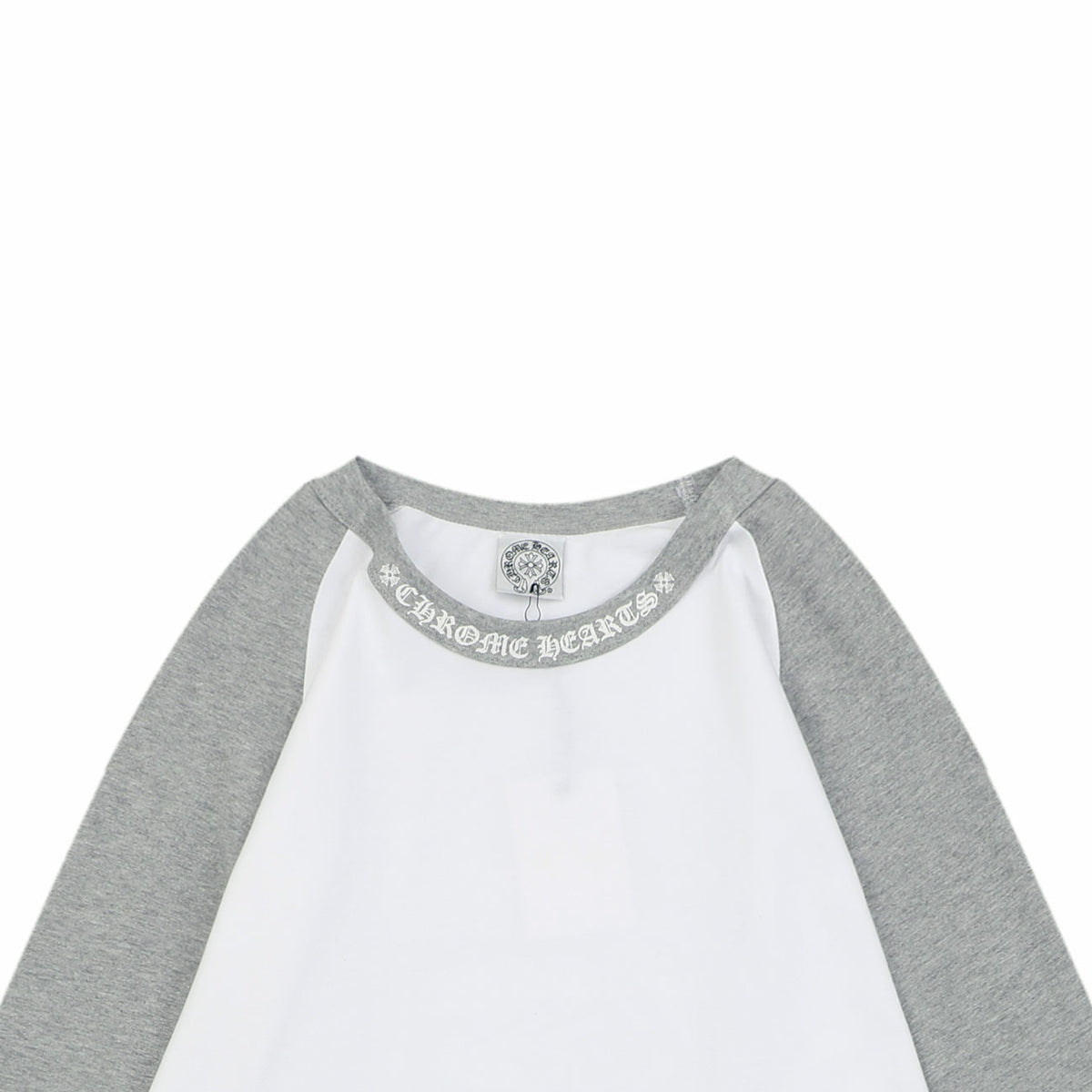 Chrome Hearts Sanskrit Collar Colorblock Raglan Long Sleeve Tee — White Grey