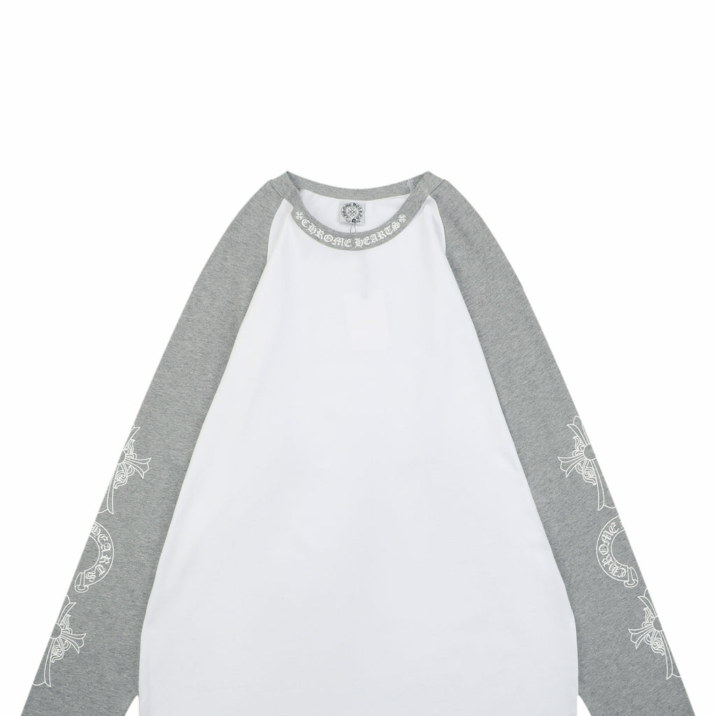 Chrome Hearts Sanskrit Collar Colorblock Raglan Long Sleeve Tee — White Grey