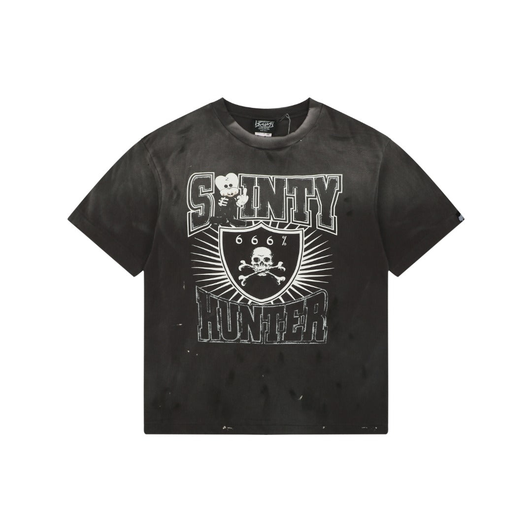 Saint Michael Sainty Hunter 6662 Skull Middle Finger Print Short Sleeve Tee — Vintage Black