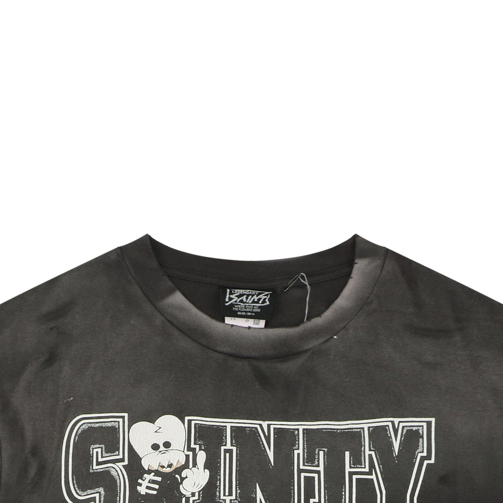 Saint Michael Sainty Hunter 6662 Skull Middle Finger Print Short Sleeve Tee — Vintage Black